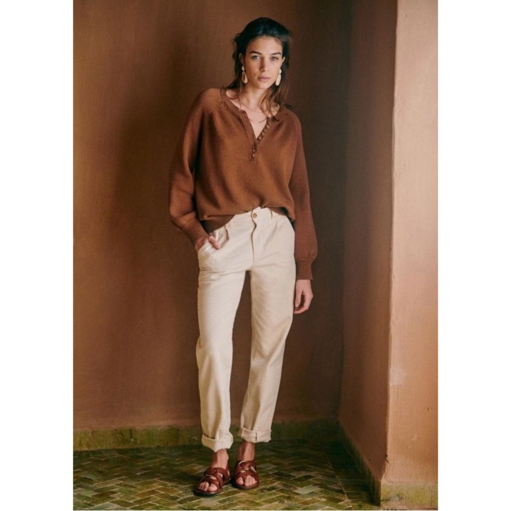 SEZANE Tan Brown Organic Cotton Button Balloon Sleeve Sweater Leontine Jumper - Picture 6 of 13